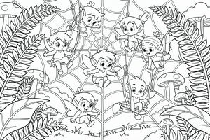 Un gruppo di sette piccoli folletti alati gioca e dondola su una grande ragnatela tesa tra le piante del bosco. La scena include felci, funghi colorati e il suolo della foresta, tutto disegnato con tratti neri puliti.