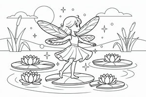 Una delicata fata con ali di libellula danza sopra ninfee galleggianti in uno stagno. La scena notturna include fiori di ninfea, una luna piena e stelle magiche nel cielo.