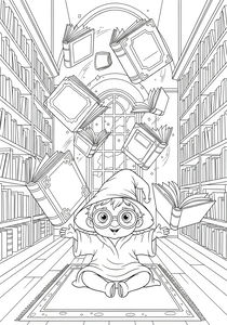 Ein kleiner Zauberer mit Brille sitzt im Schneidersitz auf einem Teppich in einer prächtigen Bibliothek. Um ihn herum schweben mehrere offene Bücher in der Luft, während hohe Regale die Wände säumen. Ein großes Bogenfenster bildet den Mittelpunkt des Raumes.