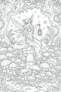 Um desenho de linha complexo de uma fada do gelo sentada num cogumelo numa floresta mágica. Ela tem asas diáfanas e segura uma lanterna. A cena está repleta de cogumelos, árvores altas e flocos de neve.