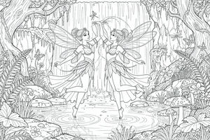 Zwei elegante Feen mit großen Libellenflügeln tanzen gemeinsam über einem sanften Teich. Ein großer Wasserfall fließt im Hintergrund zwischen alten Bäumen, Farnen und Pilzen. Libellen und Schmetterlinge flattern um die magische Waldgrotte.