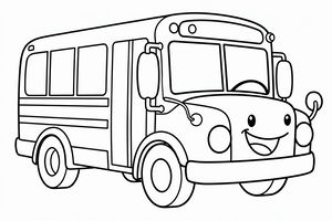 Rysunkowy autobus szkolny z szerokim radosnym uśmiechem, przyjaznymi okrągłymi oczami i dużymi lusterkami. Autobus ma grube czarne kontury, prostokątne okna i duże koła, pokazany pod kątem na białym tle.