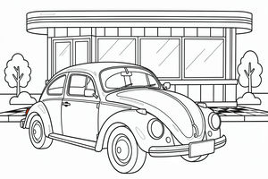 Um desenho de contorno de um Volkswagen Carocha antigo estacionado num passeio aos quadrados em frente a um restaurante retro com janelas grandes. O carro é visto de um ângulo frontal-lateral.