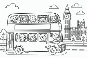 Duży piętrowy autobus pełen machających dzieci jedzie miejską drogą. W tle widać wieżę zegarową Big Ben i Pałac Westminsterski na tle nieba z chmurami.