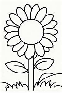 Eine einfache Schwarz-Weiß-Zeichnung einer hohen Sonnenblume mit vielen runden Blütenblättern und einer großen runden Mitte. Die Blume hat einen dicken Stiel und steht hinter einer Reihe einfacher Gräser.