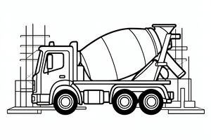 Eine Strichzeichnung eines Betonmischers in der Seitenansicht. Hinter dem Lkw sind einfache Umrisse eines im Bau befindlichen Gebäudes mit vertikalen Gerüststangen zu sehen.