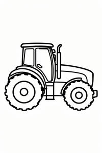 Eine schwarz-weiße Konturenzeichnung eines großen Traktors in der Seitenansicht. Er hat eine Fahrerkabine mit Fenstern, einen senkrechten Auspuff und zwei unterschiedlich große, grobstollige Reifen. Das Design ist schlicht mit kräftigen Linien gehalten.