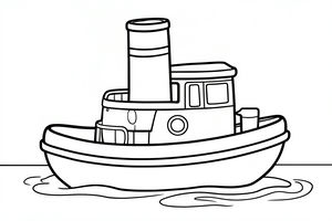 Um desenho de linha simples de um simpático rebocador a flutuar no mar. O barco apresenta uma chaminé central muito alta, uma pequena cabine de comando e uma única escotilha redonda. Ondas minimalistas agitam-se no casco contra um fundo liso.
