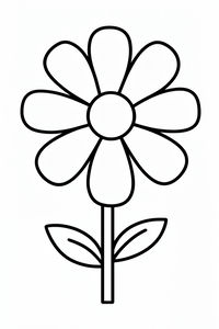 Um desenho simples em linhas pretas e brancas de uma única margarida. A flor tem um centro redondo, pétalas grossas e arredondadas, e um caule firme com duas folhas.