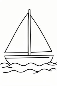 Un semplice disegno in bianco e nero di una barca a vela con un'unica grande vela triangolare e un albero. La barca galleggia su linee ondulate che rappresentano il mare.
