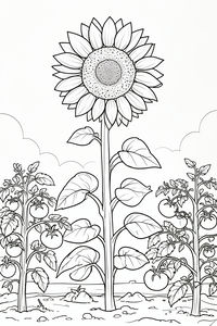 Um grande girasol com muitas pétalas ergue-se no centro de uma horta. Dos lados, existem tomateiros frondosos carregados de frutos redondos. O chão mostra terra e pequenos montes sob nuvens fofas.