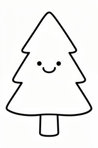 Un disegno in bianco e nero di un pino semplice con tre strati triangolari. L'albero ha un piccolo tronco rotondo e un viso sorridente con due occhi a puntino e una bocca curva.