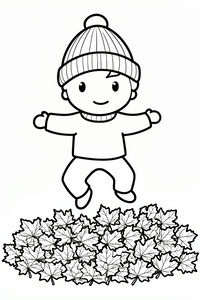 Un bambino sorridente con le braccia spalancate salta in un grande mucchio di foglie di acero. Il bambino indossa un cappello di lana con pompon. Disegno con linee spesse per un facile utilizzo.