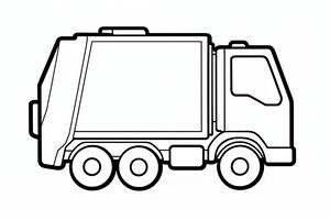 Disegno a tratto semplice di un camion della spazzatura con contenitore rettangolare dei rifiuti, cabina e tre grandi ruote rotonde