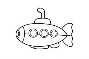Um desenho simples em linhas pretas e brancas de um submarino de desenhos animados com três janelas redondas e um periscópio. O submarino tem formas arredondadas e contornos grossos.