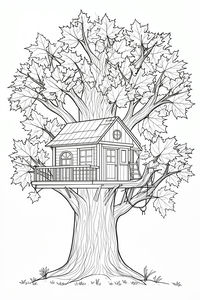 Disegno a linea di una casa sull'albero in legno con finestre, porta e scala costruita tra i rami frondosi di un grande acero