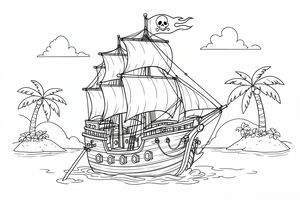 Podrobna piratska ladja z velikimi jadri in zastavo z lobanjo pluje med dvema majhnima tropskima otokoma. Ladja ima vidno vrvje, otoki pa visoke palme.