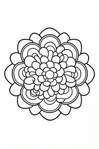Eine Schwarz-Weiß-Strichzeichnung eines kreisförmigen Mandalas in Form einer Blume. Das Bild zeigt mehrere Schichten abgerundeter Blütenblätter und blasenartiger Formen, die mit kräftigen, dicken Linien von einem Mittelpunkt ausstrahlen.