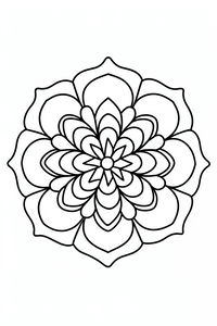 Uma mandala simples em forma de flor com contornos pretos grossos e pétalas arredondadas dispostas em círculos. O desenho está centrado num fundo branco com áreas grandes para pintar.