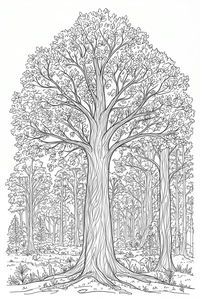 Arte de linha detalhada de um carvalho maciço com tronco texturizado e uma copa larga de folhas. Atrás, uma floresta de árvores esguias e arbustos estende-se ao longe, preenchendo todo o quadro com um cenário natural.