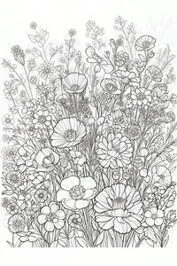 Desenho de linha detalhado em preto e branco de um prado de flores silvestres. A composição apresenta flores como papoilas e margaridas em caules longos, com pétalas sobrepostas e folhas delicadas.