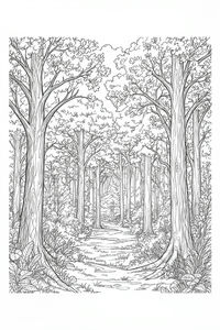 Un disegno lineare dettagliato di un sentiero forestale che si snoda tra grandi alberi testurizzati. Il terreno è coperto di piccole piante, mentre la fitta chioma superiore è formata da molte singole foglie.