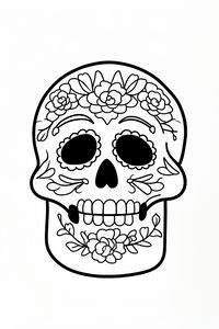 Un teschio di zucchero decorativo per il Giorno dei Morti con spessi contorni neri. Presenta una corona di tre grandi rose sulla fronte, motivi ondulati intorno agli occhi e un rampicante floreale sulla zona del mento.