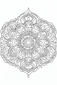 Un mandala dettagliato in bianco e nero con un motivo floreale centrale circondato da petali di loto simmetrici e volute paisley. Lo schema circolare presenta piccoli punti decorativi e linee fluide.