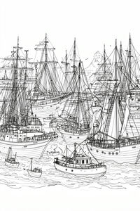 Uma ilustração marítima detalhada para colorir que mostra vários navios de grande porte e pequenos barcos de pesca reunidos num porto. A imagem inclui mastros, cordas e cascos de madeira sobre a água.