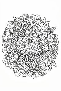 Un'illustrazione circolare zentangle composta da vari fiori, motivi a spirale e trame di foglie. Il design è una ricca composizione di doodle art con piccole bacche, punti e linee ondulate che riempiono lo spazio circolare su uno sfondo bianco.