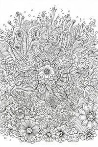 Line art dettagliata in bianco e nero di una lussureggiante composizione floreale. L'immagine è ricca di fiori diversi, rampicanti, motivi zentangle e piccole bolle fluttuanti. Ogni parte è coperta da forme e trame complesse.