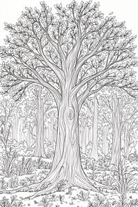 Um desenho a preto e branco de um carvalho grande e antigo com padrões circulares na casca e muitos ramos. O fundo mostra uma floresta densa com troncos e arbustos.
