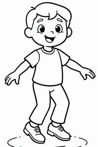 Un semplice disegno al tratto di un bambino felice con i capelli corti che esegue un passo di danza tip-tap. Indossa una maglietta, pantaloni lunghi e scarpe da tip-tap stringate mentre dondola sulle punte con un'espressione gioiosa.