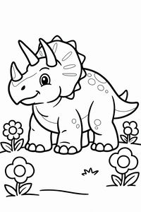 Přátelský triceratops s veselým úsměvem a velkýma očima stojí na trávě. Dinozaura obklopují tři velké květiny s lístky. Tvor má tři výrazné rohy a zaoblený kostěný límec s ozdobnými tečkami.