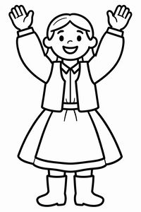 Eine Strichzeichnung einer lächelnden Volkstänzerin mit erhobenen Armen. Sie trägt eine traditionelle Tracht bestehend aus Weste, Hemd, weitem Rock und Stiefeln. Die Umrisse sind dick und klar gezeichnet.