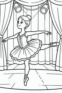 Una giovane ballerina sorridente esegue una posa di danza su un palco. Indossa un tutù decorato e scarpette da punta. Lo sfondo mostra i tendaggi del teatro e due faretti appesi.