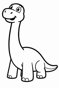 Přátelský kreslený brontosaurus se usmívá a natahuje svůj dlouhý krk vysoko nahoru. Kresba má silné černé obrysy a čisté bílé pozadí bez detailů, ideální pro malé děti.