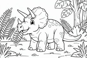 Přátelský tříhornný dinosaurus triceratops žvýkající kapradiny obklopený prehistorickými rostlinami a stromy v lesní pasece