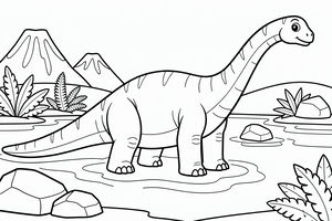 Přátelský brontosaurus s dlouhým krkem stojí v mělkém jezeře s vlnkami kolem nohou. Pozadí tvoří pravěké kapradiny, hladké kameny a dvě velké sopky.