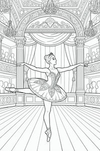 Disegno dettagliato di una ballerina con un tutù decorato che esegue un'arabesque su un palco di legno. È circondata da archi architettonici, tende e lampadari scintillanti.