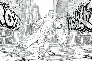 Tancerz hip-hopowy w czapce beanie i bluzie z kapturem wykonuje figurę breakdance w wąskiej alejce. Scena zawiera ściany z graffiti, schody przeciwpożarowe i kałuże odbijające otoczenie.