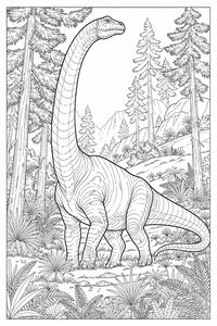 Detailní perokresba brachiosaura s dlouhým krkem stojícího v pravěkém lese. Vysoké stálezelené stromy rámują dinosaura a u jeho nohou rostou malé kapradiny a palmy.