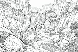 Velký dinosaurus Allosaurus kráčí úzkým kaňonem obklopeným strmými útesy a balvany. Na zemi leží několik dinosauřích lebek a hrudní koš. Dinosaurus má mírně otevřenou tlamu a odhaluje zuby, zatímco kráčí po suché cestě.