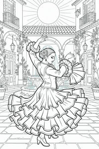 Uma dançarina de flamenco com uma flor no cabelo e um vestido de folhos executa uma pirueta num pátio tradicional espanhol. O fundo mostra uma fonte, telhados e varandas sob um sol radiante.