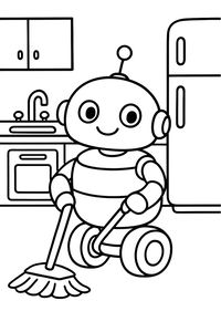 Usmívající se kulatý robot s velkými kulatými očima držící mop, umístěný v kuchyni se skříňkami a spotřebiči v pozadí