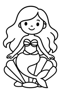 Un semplice disegno al tratto di una sirena sorridente con lunghi capelli fluenti, seduta comodamente all'interno di una grande conchiglia aperta. L'immagine ha contorni netti e spessi.