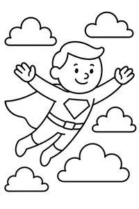 Eine einfache Strichzeichnung eines lächelnden Superhelden-Jungen, der hoch am Himmel fliegt. Er trägt einen Umhang und einen Anzug mit Rauten-Emblem, umgeben von flauschigen Wolken.