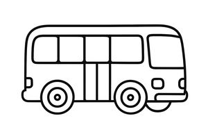 Un semplice disegno al tratto di un autobus cittadino visto di lato con quattro grandi finestrini e una doppia porta. Il veicolo ha contorni marcati e ruote circolari su sfondo bianco.
