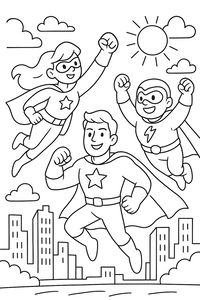 Drei Zeichentrick-Superhelden mit Umhängen und Masken fliegen gemeinsam durch die Luft. Unter ihnen liegt eine detaillierte Stadt-Skyline mit Wolkenkratzern, darüber scheinen Sonne und Wolken.