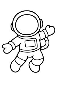 Um desenho linear simples de um astronauta de desenhos animados a flutuar com os braços estendidos. A figura tem um capacete circular grande e botas robustas.